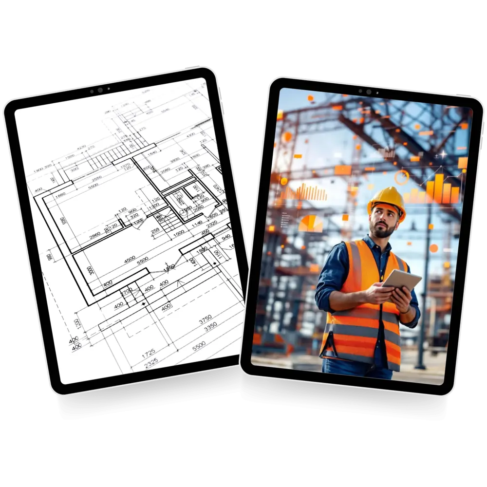 Construction tablet with blueprint and site engineer